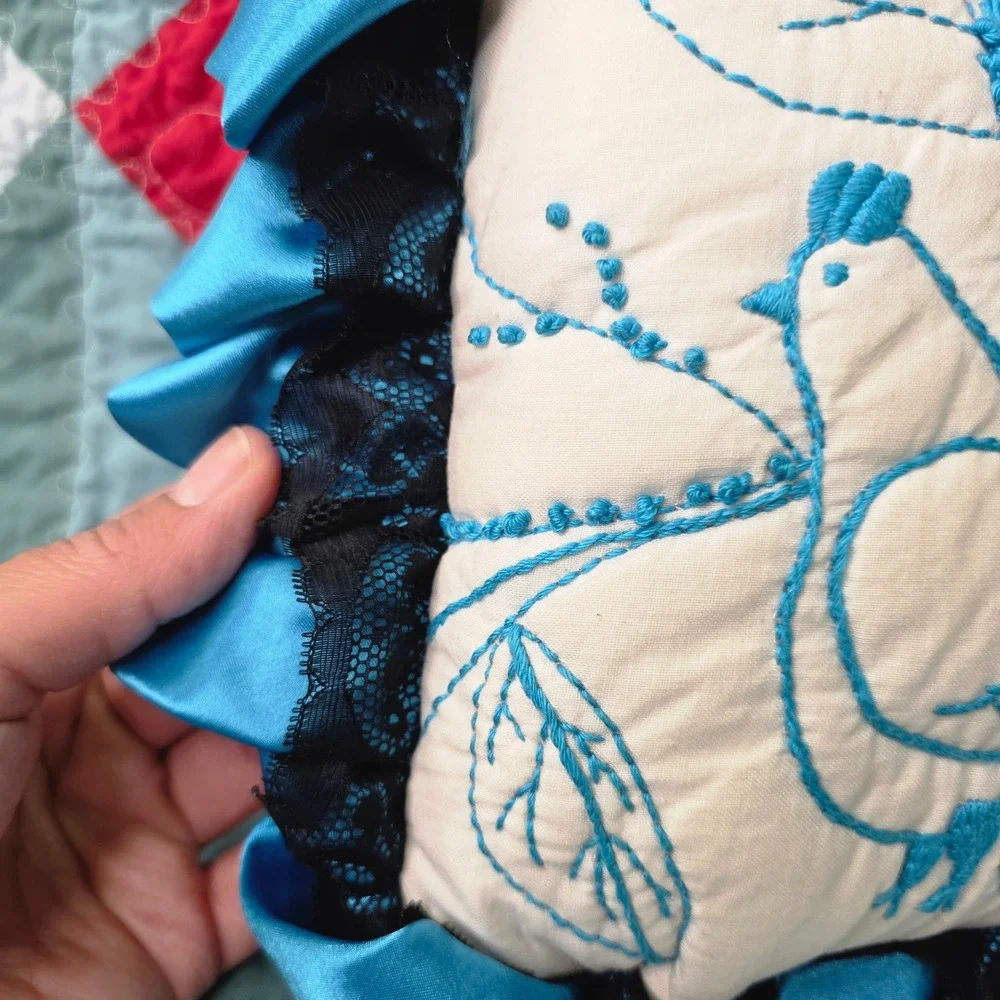 Vintage Handmade Blue Bird Crewel Embroidered Decorative Throw Pillow Turquoise